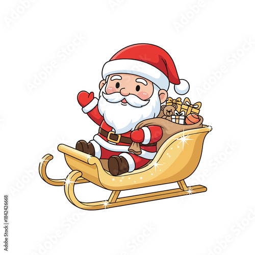 Joyful cartoon Santa Claus in a golden sleigh, waving cheerfully with a sack full of presents, ready for holiday deliveries during the festive season