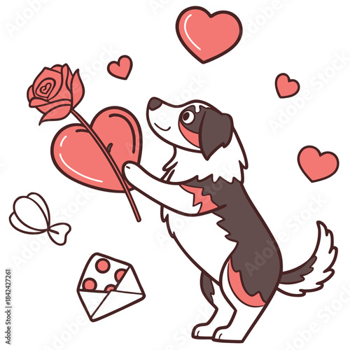 Cute Funny Australian Shepherd, accessorized with holding a heart, in a Valentine world – Valentine Blush palette vector