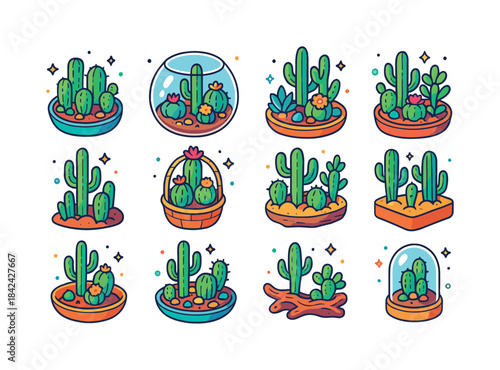 Colorful Cactus Icons. Cactus arrangements. Colorful isometric v