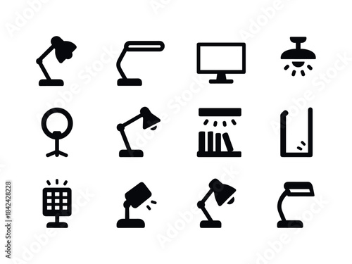 Home Office Lighting Icons. Home office lighting. Solid icon set