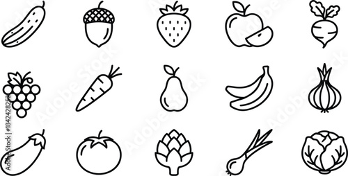 cucumber, acorn, strawberry, apple, turnip, grape, carrot, pear, banana, onion, eggplant, tomato, artichoke, scallion, cabbage, fruit, vegetable, produce, market, nutrition