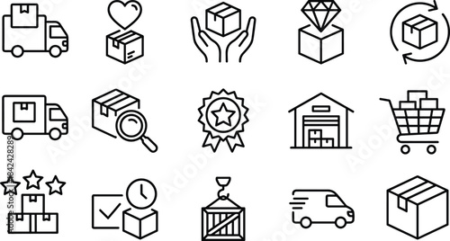 delivery truck, box, heart, hands, diamond, return, delivery, search, badge, warehouse, cart, stars, checklist, clock, crate, van, package, shipment, cargo, supply