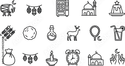 drum, lantern, machine, mosque, dessert, skewer, sweet, bottle, deer, bead, drink, bag, banner, candle, clock, mosque, hand, sign, moon, celebration