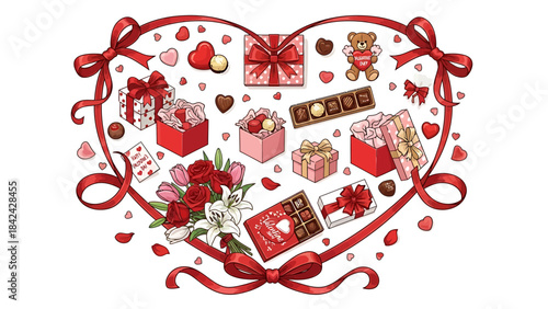 A heartwarming collection of delightful gifts and sweet treats, beautifully arranged in a loving heart shape, perfect for celebrating romantic occasions and expressing affection with festive charm