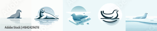 seals on the ice surface. Vector, minimalist, illustration, icon set.
