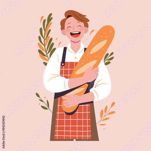 Happy young baker wearing a checkered apron and holding a large fresh baguette. Cute vector illustration suitable for bakery, food industry, culinary branding, and promotional materials.