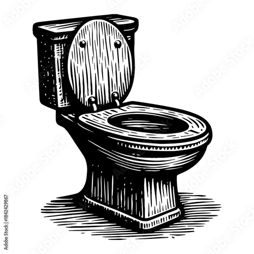 Antique Toilet Bowl With Open Lid In Black And White Illustration