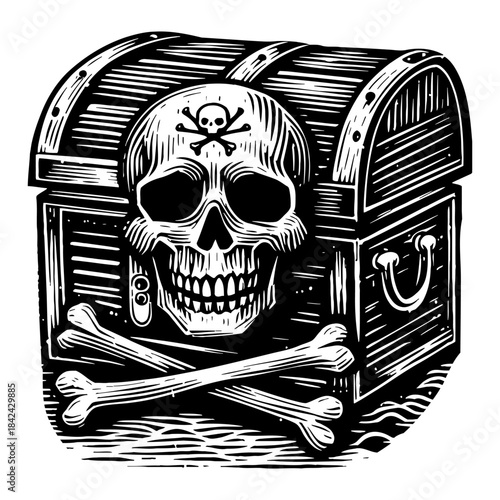 Antique Wooden Treasure Chest with Skull and Crossbones Emblem and Crossed Bones