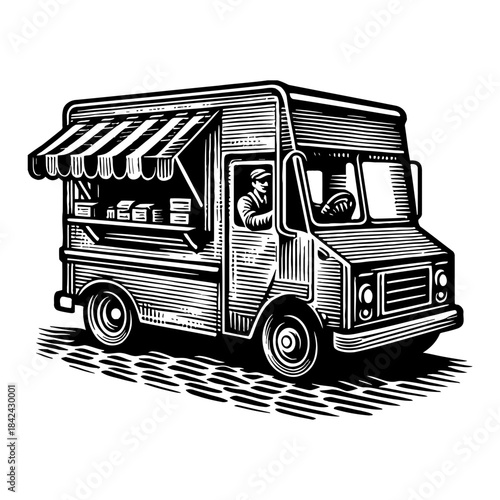Black And White Food Truck With Awning And Driver Serving Customers On A Sunny Day