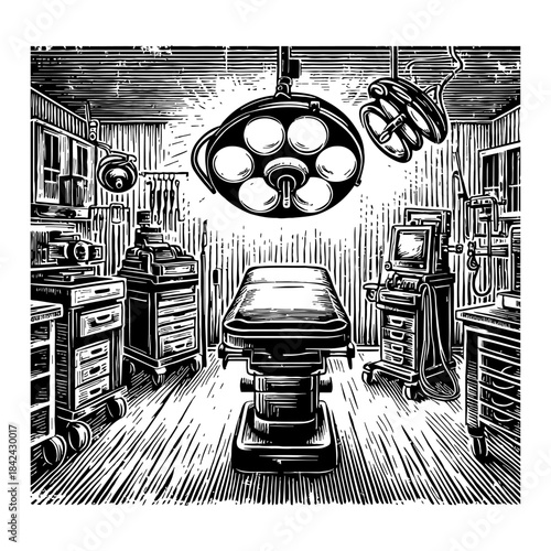 Black And White Illustration Of A Modern Operating Room With Surgical Table And Lights