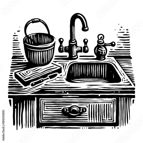 Black And White Illustration Of A Kitchen Sink With Bucket Soap And Scrub Brush On A Wooden Countertop