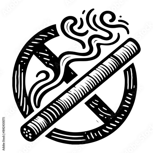 Black and White No Smoking Symbol With Cigarette and Smoke Vintage Illustration Style