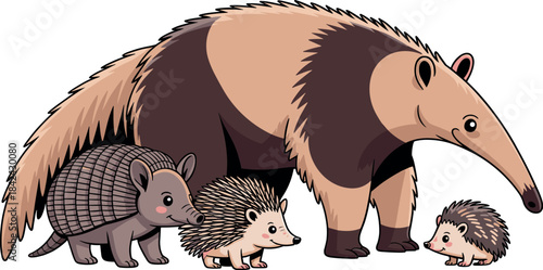 Wild animal illustration set featuring anteater, armadillo, and hedgehogs in cute detailed vector style for nature and wildlife designs