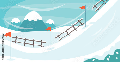 Winter landscape illustration featuring snowy hills, fences, red flags, and mountains in soft pastel tones. Minimal, clean design ideal for winter sports, holiday themes, seasonal graphics, and backgr