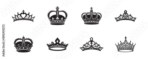 Royal Crown and Tiara Silhouettes Set. King, Queen, Princess Headwear Icons.