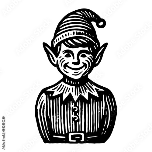 Black And White Woodcut Style Illustration Of A Smiling Elf In A Striped Hat And Tunic