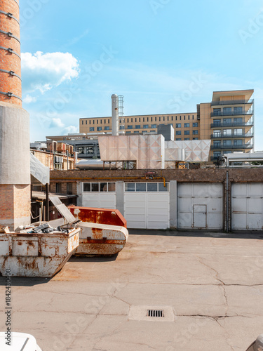 Outdoor industrial part of a building complex.