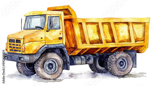 Vibrant Yellow Dump Truck on Construction Site in Watercolor Style