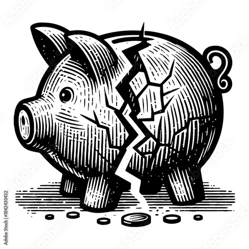 Broken Piggy Bank Illustration with Scattered Coins And Cracks In Black And White