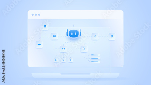 AI workflow automation artificial intelligence. ai agent workflow diagram dashboard with data processing modules, cloud integration, development steps, and automation system.