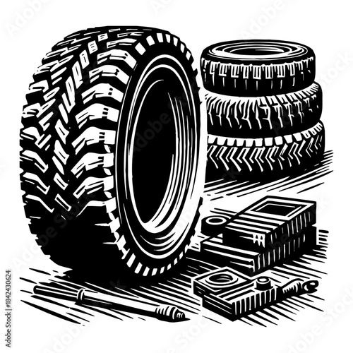 Close Up Of Several Tires And Car Parts In A Workshop Setting With Detailed Tread Patterns And Textures