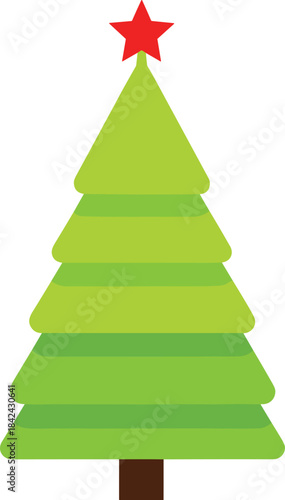 Layered Christmas Tree Vector Graphic with Red Star Topper Simple Flat Design Holiday Season Icon.