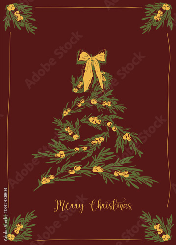 Vintage Christmas card with festive tree and a bow. Holiday card and invitation. Poster, holiday cover, banner, flyer. Hand drawn vector illustration on burgundy background
