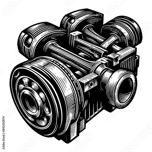 Detailed Illustration of a V8 Engine Mechanical Component with Pistons and Crankshaft in Monochrome Style