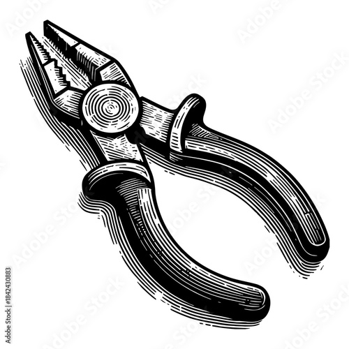 Detailed Illustration Of Combination Pliers Open With Black Handles On White Background