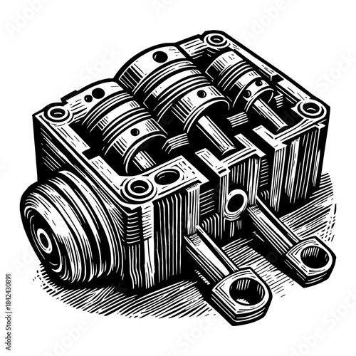 Detailed Isometric Illustration of a Mechanical Engine Component with Pistons and Connecting Rods Isolated on White Background