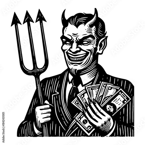 Devil In Suit Holds Pitchfork And Money With Horns And Smirk Vintage Black And White Illustration
