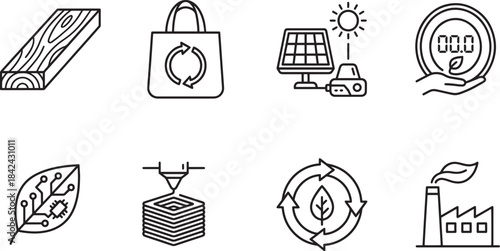 Ecology and sustainability line icons set featuring wood recycle bag solar panel and leaf
