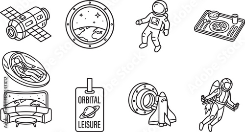Astronauts and space station exploring universe vector outline illustration for orbital tourism