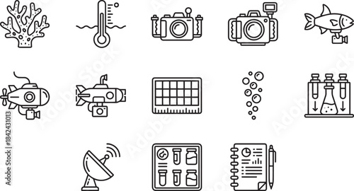 Deep sea exploration equipment and marine life vector outlines for scientific discovery