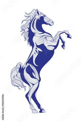 A dynamic rearing horse illustrated in fluid wavy line art, featuring bold flowing shapes and futuristic motion accents. Perfect for branding, posters, apparel, decor, and modern artistic projects.