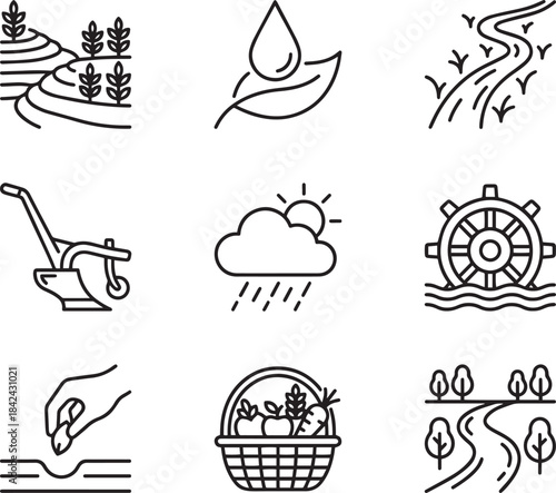 Farming and agriculture icons set showing rice terraces, watering, irrigation, and harvesting