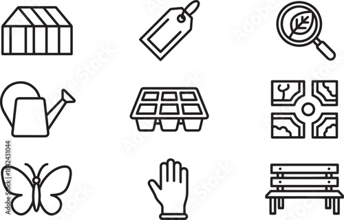Garden line icons set greenhouse watering can butterfly plant care tools and park bench