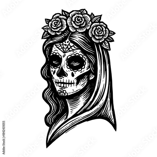 Dia De Los Muertos Woman With Rose Flower Crown And Sugar Skull Makeup