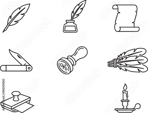 Historical writing and communication icons featuring quill, ink, scroll, and wax seal
