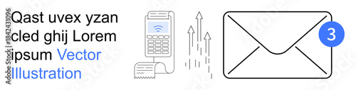 Digital messaging, notification systems, online communication, email, data transfer, telecommunications. Mail icon with notification, fax-thumbs up device arrows indicating data flow. Digital