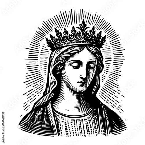 Engraving Of A Regal Woman With A Crown And Halo In Black And White
