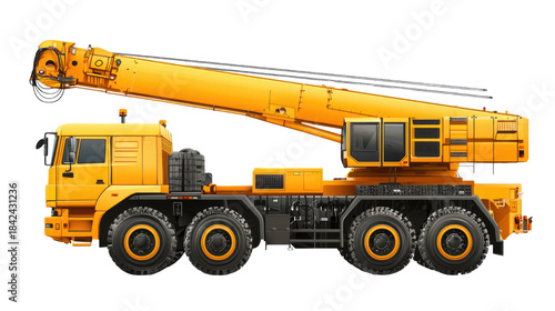 Yellow Construction Crane with Extended Boom on Construction Site
