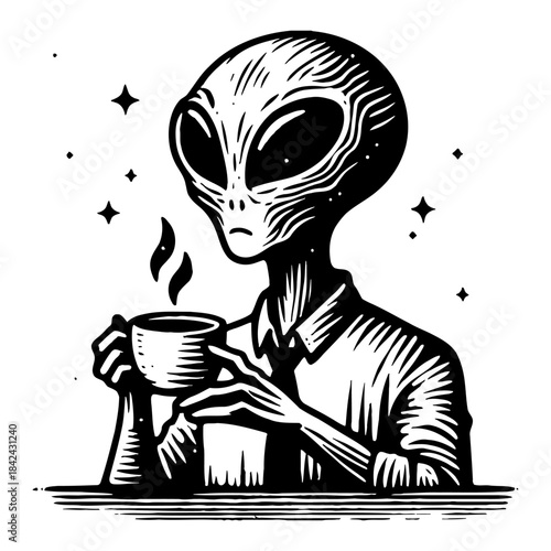 Extraterrestrial Being Enjoying a Hot Beverage with Steaming Cup Under Starry Sky in Black and White Sketch Style