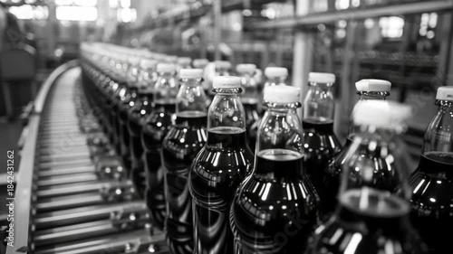 Rows of bottled soda on conveyor belt in factory.