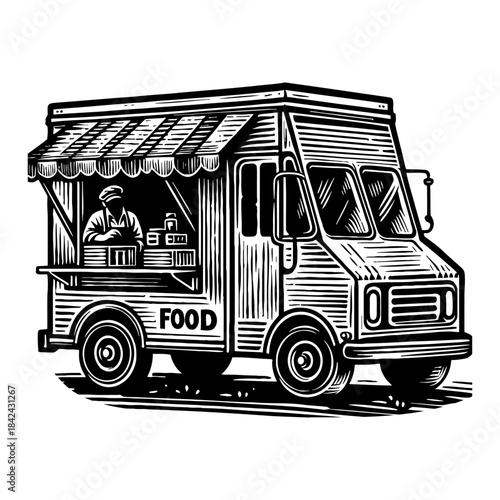 Food Truck with Vendor Serving Customers in a Woodcut Style Illustration