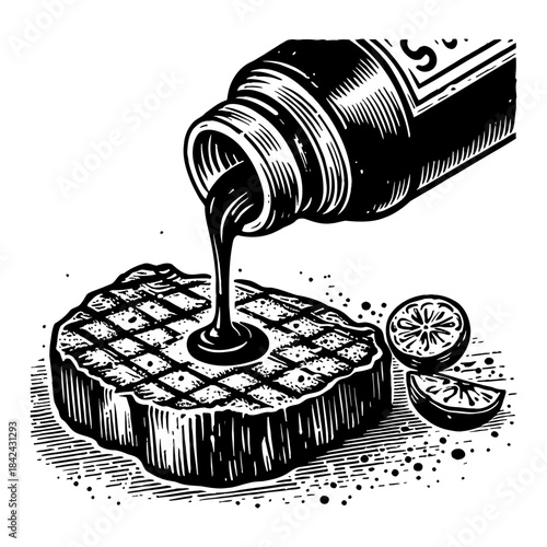 Grill Steak With Sauce And Citrus Slices In Hatching Style Illustration