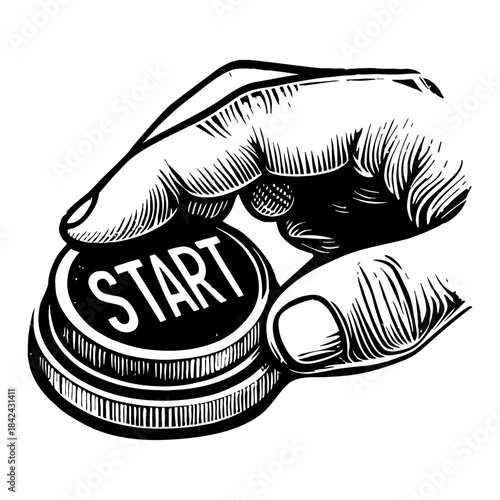 Hand Presses Red Start Button With White Lettering Isolated On White Background In Retro Woodcut Style