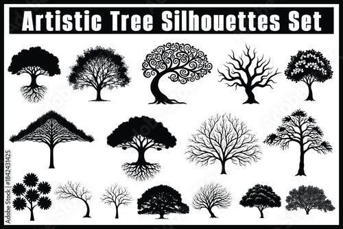 Artistic Tree Silhouettes Collection – Nature Vector Icon Set