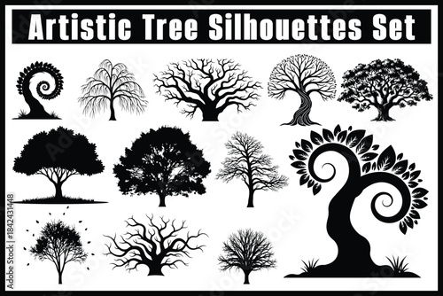 Artistic Tree Silhouettes Collection – Nature Vector Icon Set