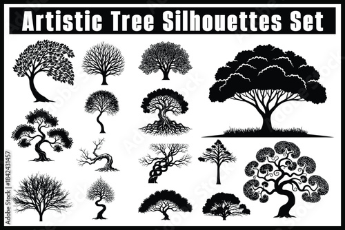 Artistic Tree Silhouettes Collection – Nature Vector Icon Set